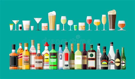 Collection Of Bottles Of Alcohol In A Flat Style Icons Vector Illustration Stock Vector