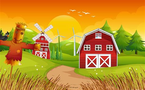 Farm Scene With Barn And Windmill 1372895 Vector Art At Vecteezy