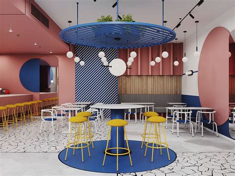Archviz Bar Blue Cafe Color Concept Interior Red Restaurant Yellow