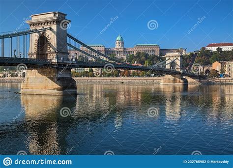 Szechenyi Chain Bridge And Royal Palace In Budapest Hungary Editorial
