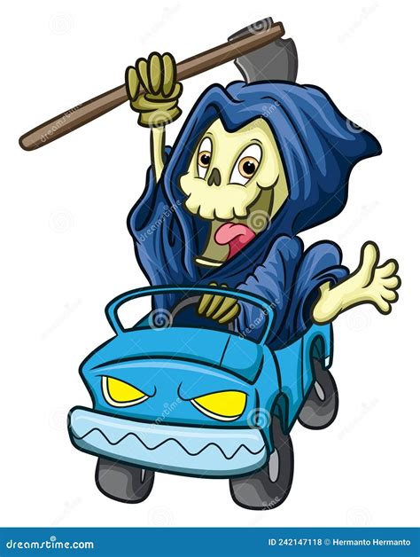 The Funny Grim Reaper Is Driving A Car Very Fast Stock Vector