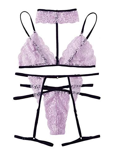 Didk Womens Floral Lace Scalloped Trim Sexy Garter Lingerie Set With