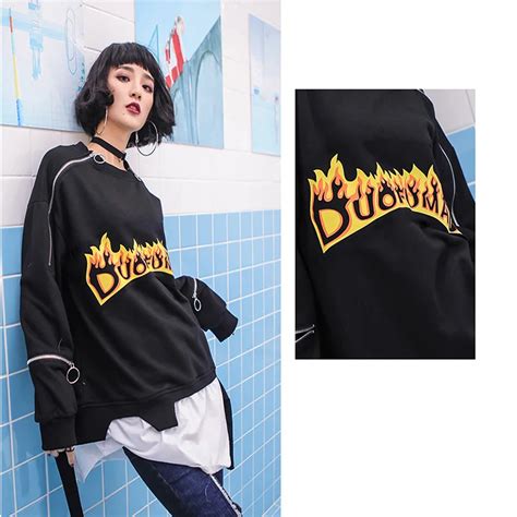 Fake Two Piece Sweatshirt With Zipper Fashion Fire Print Pullover Women