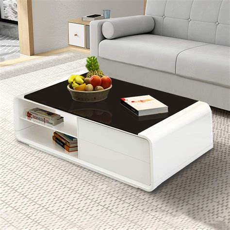 Ofcasa White High Gloss Coffee Table With Storage Glass Top Coffee