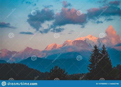 Colorful Sunset Views Of The Mont Blanc Mountain Glacier Stock Image