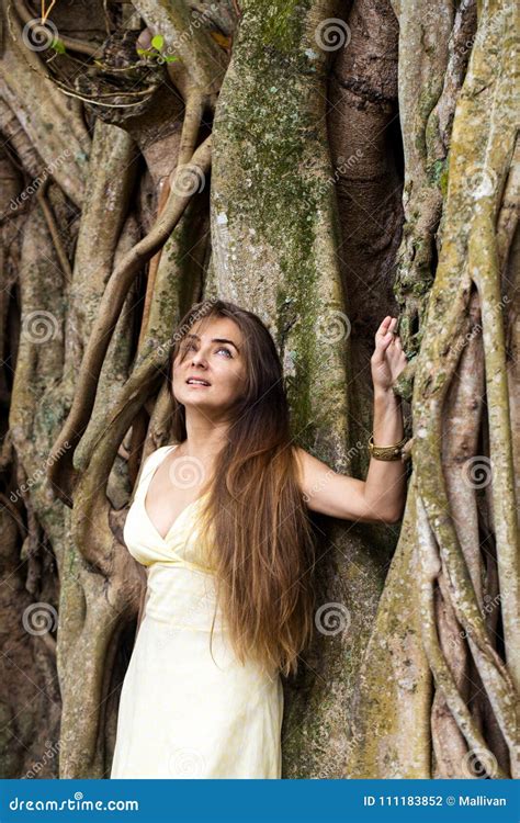 Long Haired Woman Near A Banyan Stock Photo Image Of Long Caucasian