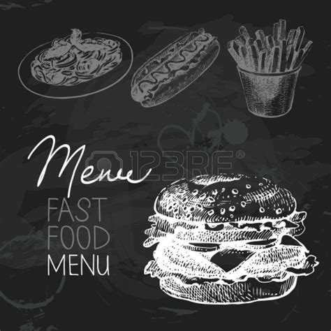 Fast Food Hand Drawn Chalkboard Design Set Black Chalk Texture Stock