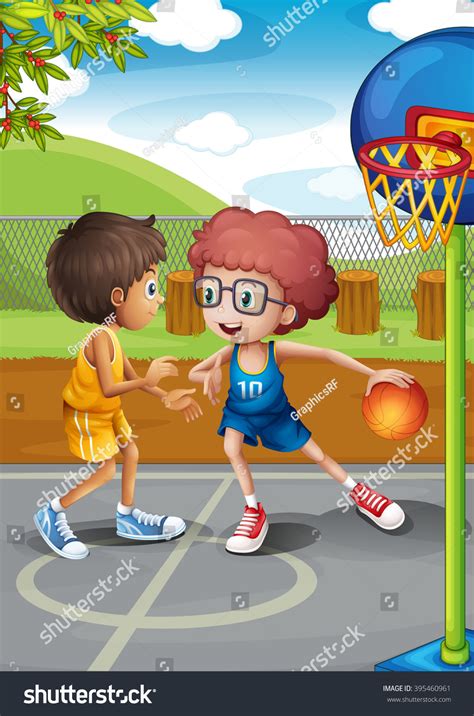 Two Boys Playing Basketball Court Illustration Vector Có Sẵn Miễn Phí