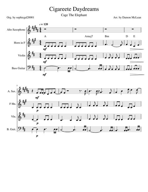 Cigarette Daydream Sheet Music For Violin Alto Saxophone French Horn Bass Download Free In