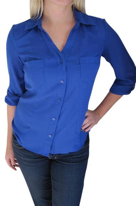 Candies Blue Womens Solid Long Sleeve Button Up Collared Shirt Button
