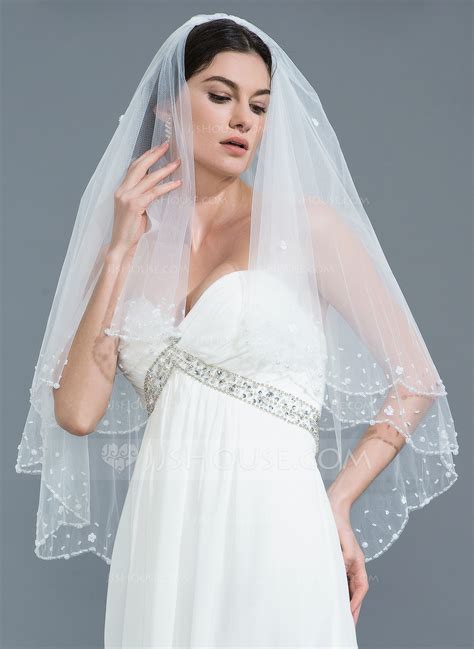 Two Tier Beaded Edge Fingertip Bridal Veils With Beading 006109871