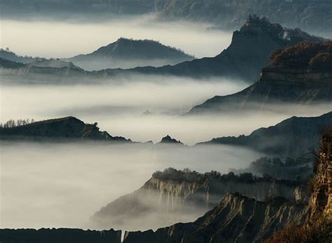 Nature Landscape Mountain Cliff Mist Morning Daylight Trees Shrubs