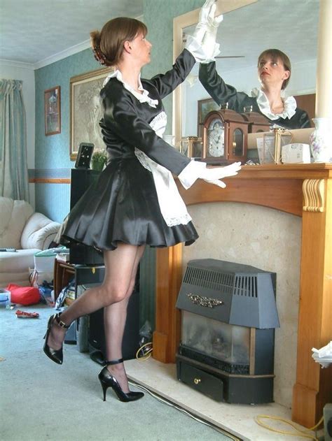 Satin French Maid White Satin Gloves And Black Ankle Strap High Heels Sissy Maid Dresses Sissy