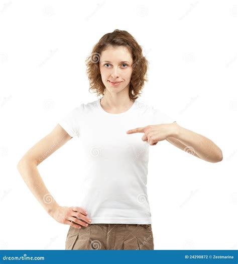 Young Woman Pointing At Herself Stock Photo Image Of Curly Friendly