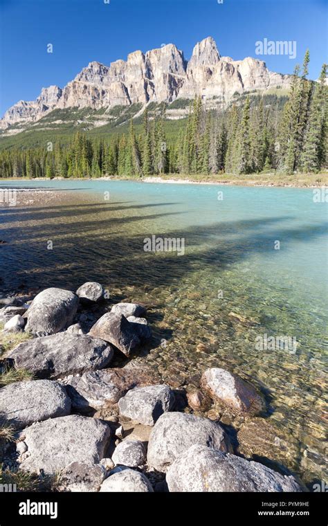 Castle Mountain And Bow River Alberta Canada Stock Photo Alamy