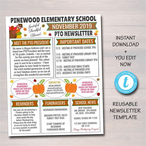 November Pto Pta Newsletter Flyer Holiday Printable Handout Etsy