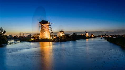 Download Wallpaper 1920x1080 Netherlands River Windmills Night