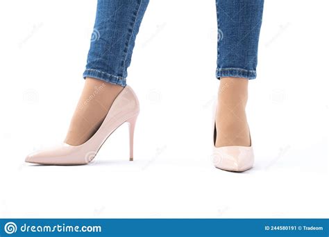 slender female legs elegant patent beige high heels skinny jeans stock image image of shoe