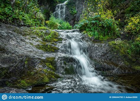 Forest Stream In Rainforest Waterfall Among Mossy Rocks And Greenery