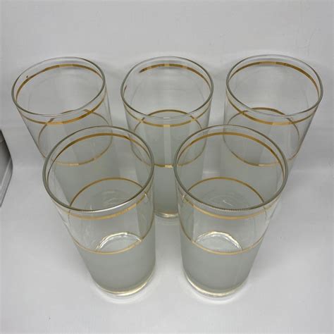 Vintage Culver Frosted And Clear Glass Drinking Glasses With Gold Trim