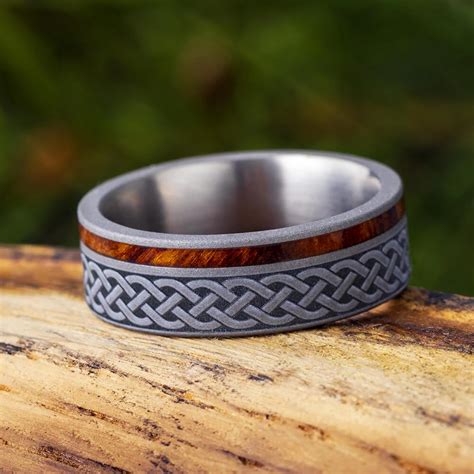 Celtic Knot Ring Mens Wood Wedding Band With Engraving Titanium Ring