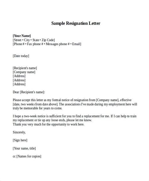 Formal Resignation Letter With 1 Weeks Notice