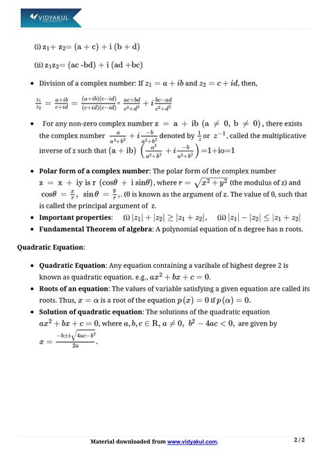 Class 11th Math Complex Numbers And Quadratic Equations Formulas Cbse 2023
