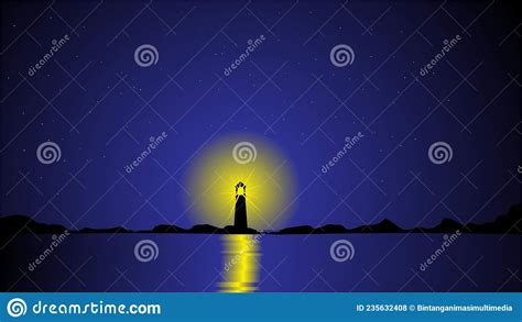 Night Lighthouse Landscape Vector Illustration Mountanes Sky Horison