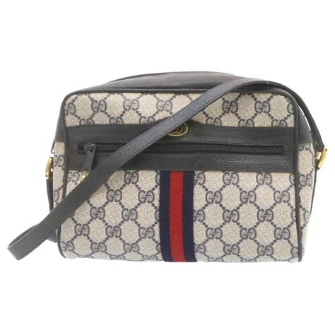 Gucci Sherry Line Gg Canvas Shoulder Bag Navy Red Pvc Leather Auth