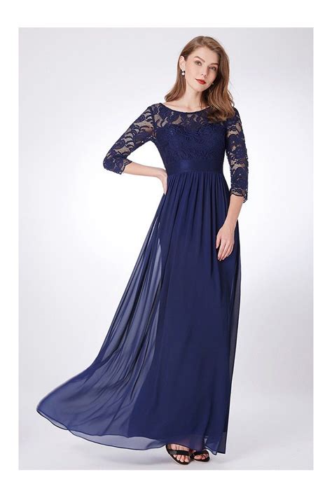 Empire Waist Navy Blue Lace Chiffon Formal Dress Long Sleeves 6486 Ep07412nb