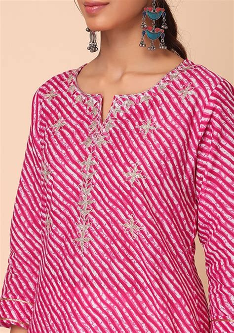 Buy Women Pink Leheriya Print Embroidered Cotton Kurta Everyday