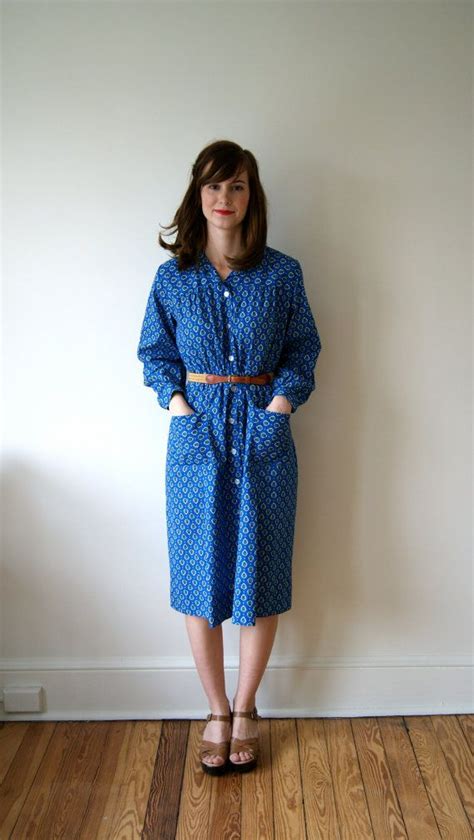Vintage Dress 70s Blue Day Dress Button Front Frock Vintage