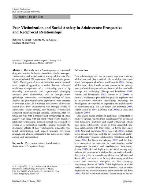 Pdf Peer Victimization And Social Anxiety In Adolescents Prospective And Reciprocal Relationships