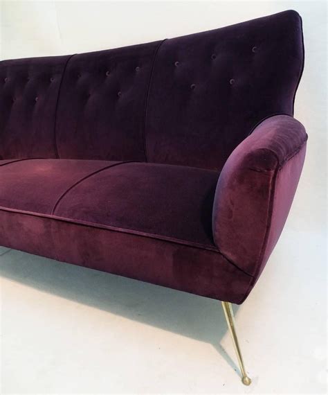 Italian Three Seat Aubergine Velvet Sofa With Brass Feet 1950s For