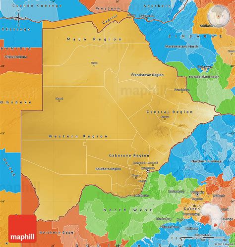 Physical Map Of Botswana Political Outside