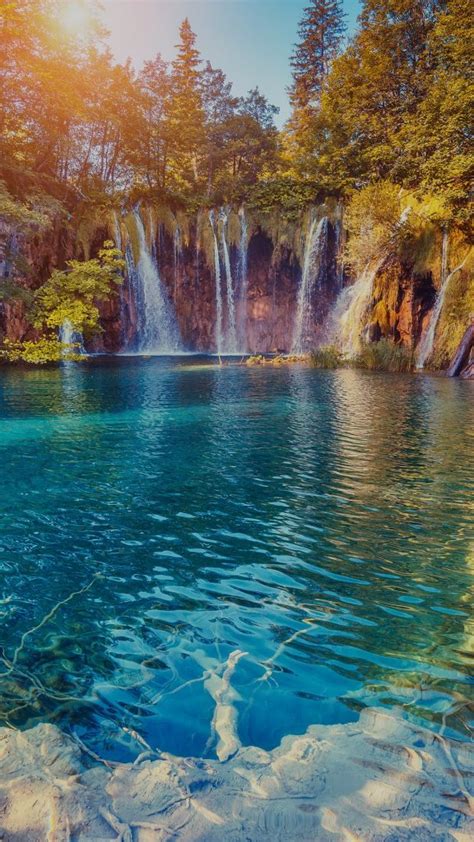 Majestic View On Turquoise Water And Sunny Beams Plitvice Lakes