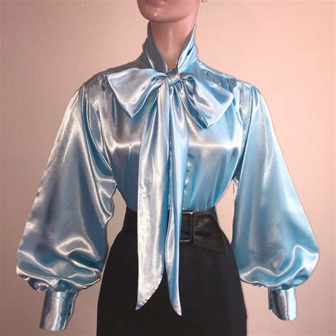 light blue shiny liquid satin vtg st bow blouse high neck shirt s m l 1x 2x 3x high neck shirts