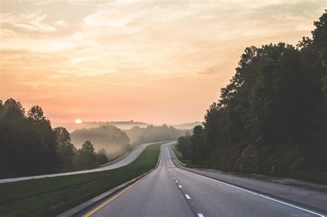 Wallpaper Trees Sunset Car Grass Sky Morning Mist Horizon