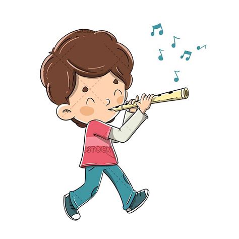 Boy Playing The Flute While Walking Vector Cartoon Kids Childrens