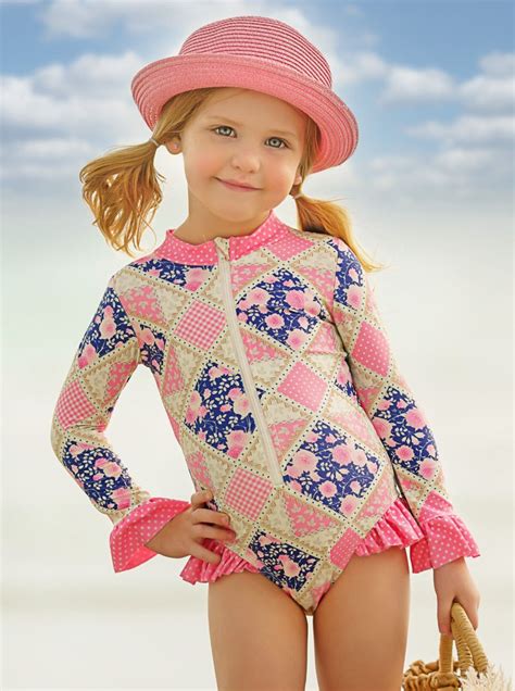 Cute Toddler Swimwear Girls Pink Floral Patchwork One Piece Swimsuit
