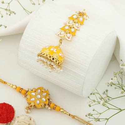 Bhaiya Bhabhi Meena Kundan Yellow Rakhi Gift Send Rakhi Gifts Online