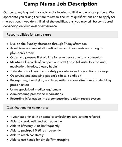 Camp Nurse Job Description Velvet Jobs