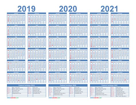 3 Year Calendar 2019 To 2021 Calendar With Holidays Printable