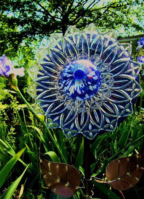 Glass Art Garden T Glass Plate Flower Yard Art Home Decor Blue