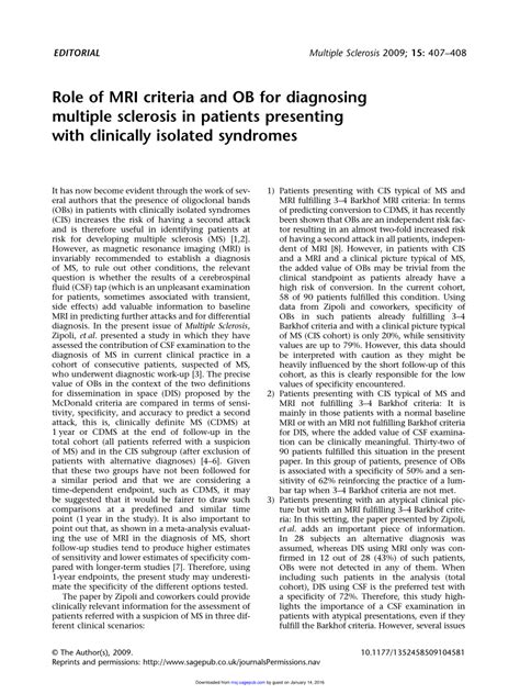Pdf Role Of Mri Criteria And Ob For Diagnosing Multiple Sclerosis In