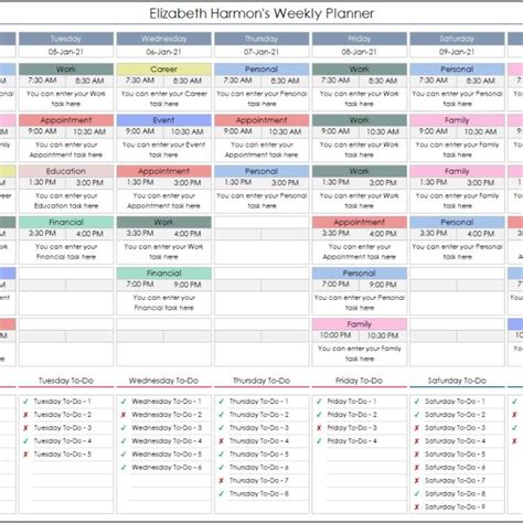 Weekly Personal Planner Excel Template Schedule Tracker Printable Excel