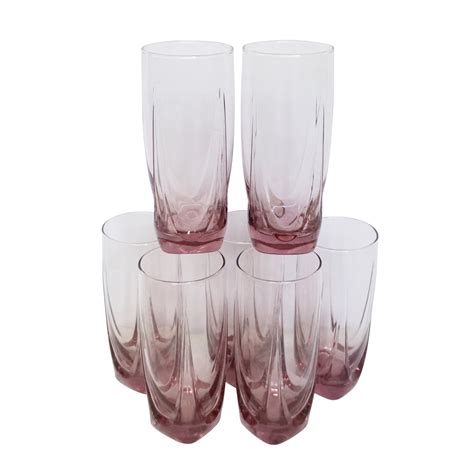 vintage set of 7 libbey pink glass tall tumblers plum pink etsy pink glass glass glasses