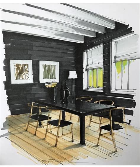 Office Interior Hand Rendering Black Plank Walls And Wood Beam Ceiling