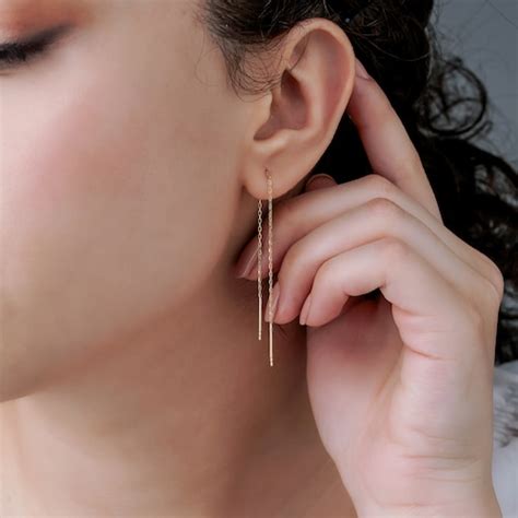 K Solid Gold Long Threader Earrings Threader Earrings Etsy
