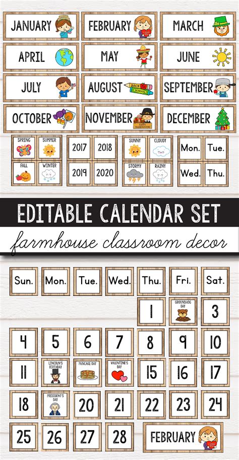 Editable Calendar Set Farmhouse Classroom Decor Classroom Calendar